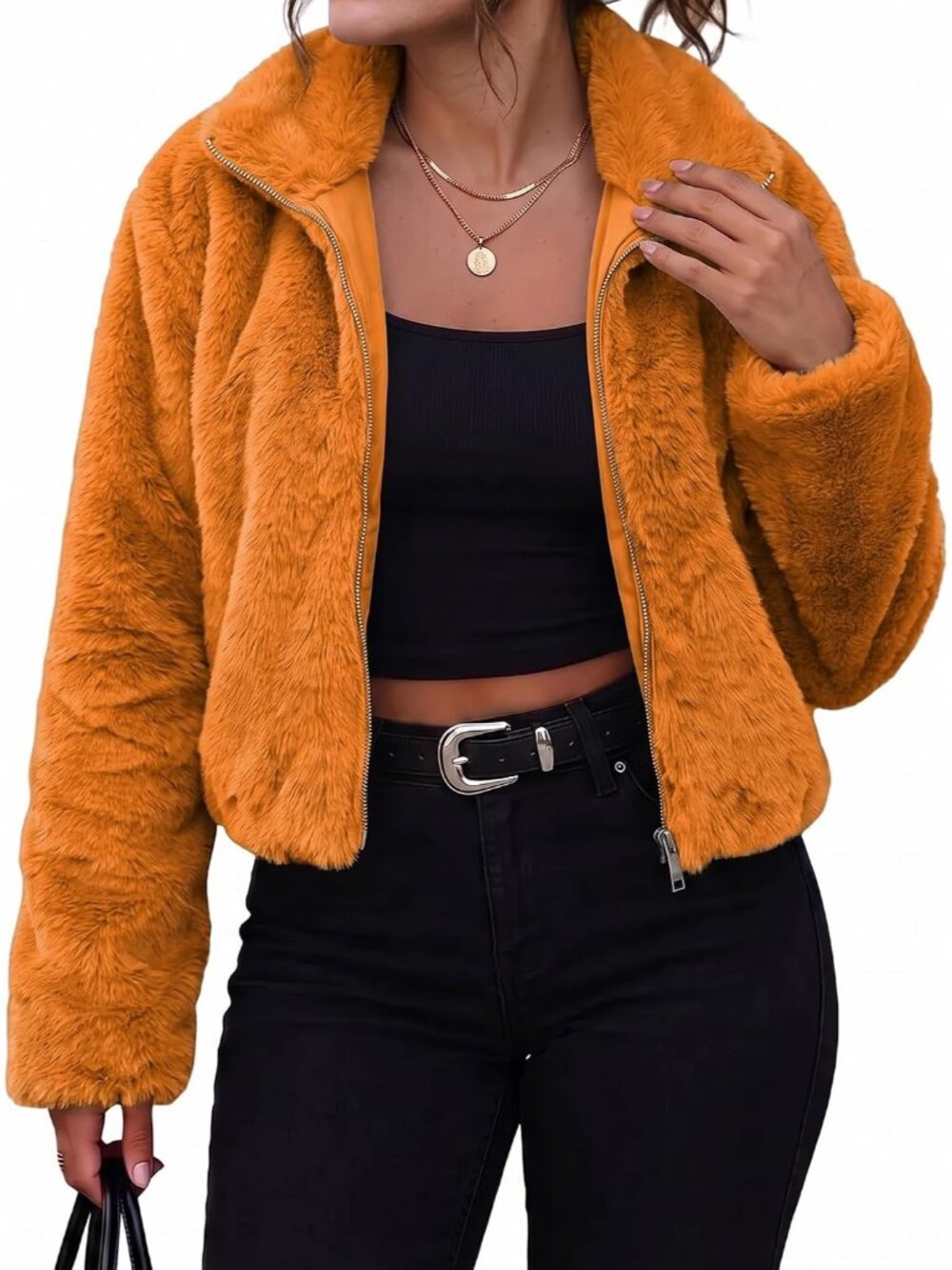 Women's Orange 100% Polyester Cropped Full Zip-Up High Neck Collar Bomber Jacket